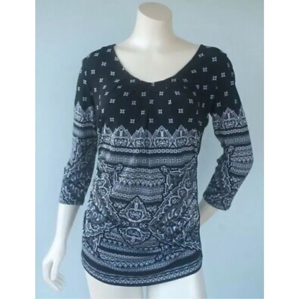 New York & Company Women's Size L Black & White Geometric 3/4 Sleeve Shirt